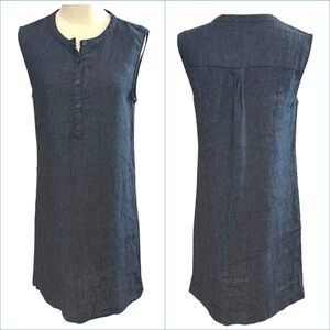 Garnet Hill Navy Dark Denim Look 100% Linen Dress‎ Size 4 Raw Hem Casual Preppy